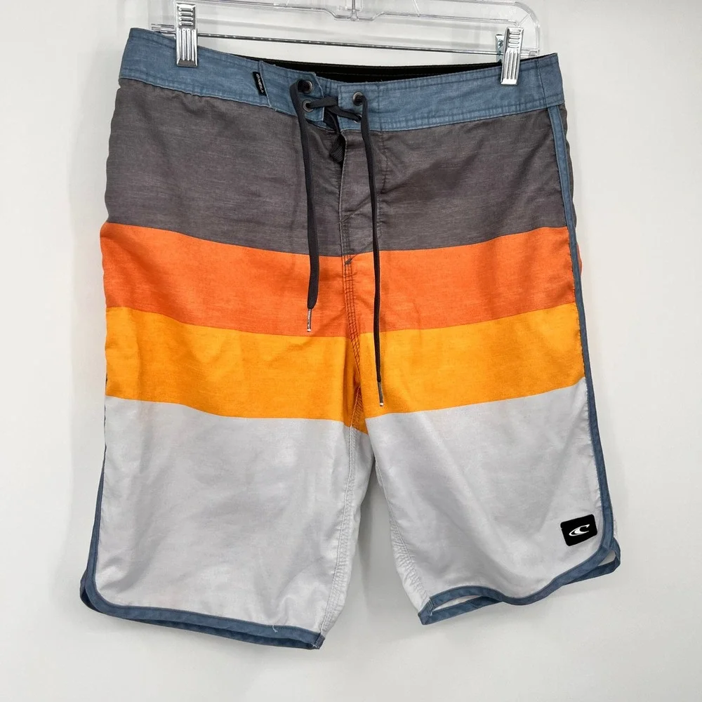 ONeill Mens‎ Board Shorts Sz 29 Sunset Stripe Colorblock Swim Trunks Orange Gray